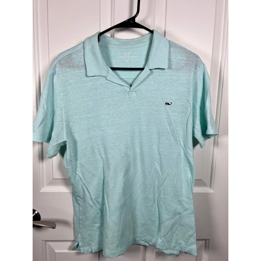 Vineyard Vines Mens Linen Cotton Polo Shirt Mint Green Heathered Whale Logo M